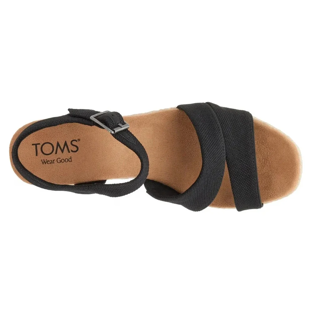 Toms Kiki Sandals Womans US 6.5 Black Ankle Strap Block Heel Espadrille HTAT1457